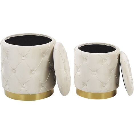 Set di 2 Pouf Contenitore Poliestere Bianchi Imbottitura Trapuntata Base Oro Pueblo