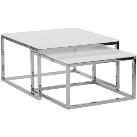 Set 2 Tavolini Piano Bianco con Vetro temperato Gambe Acciaio Argentato Brea