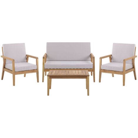 Set da Giardino in Legno di Acacia Chiaro con Cuscini Grigi e Tavolino Pallano (1/5)