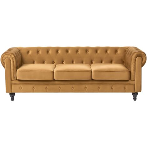 Divano a 3 Posti in Velluto Color Senape Gambe Nere Moderno Chesterfield
