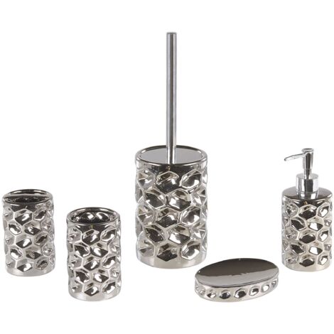 Set di 5 Accessori Bagno in Ceramica Argento portasapone dispenser Bicchiere e Portascopino Tirua