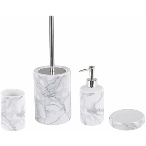 Set Bagno 4 Pezzi Effetto Pietra Bianco - Dispenser, Portaspazzolini, Portasapone, Scopino
