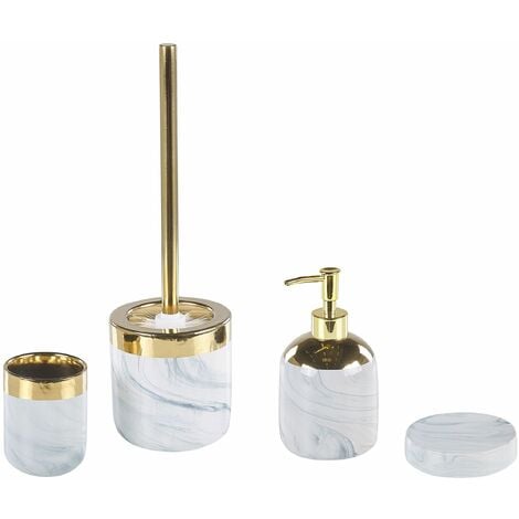 Set Accessori da Bagno Bicchiere Porta Scopino in Ceramica Bianca e Oro  Huncal