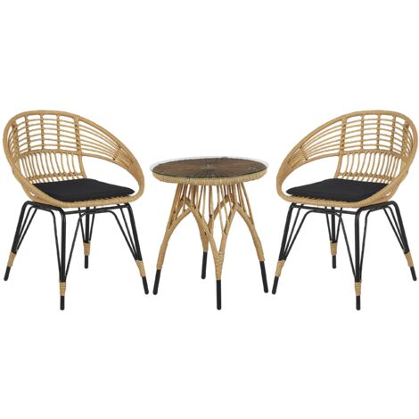 COSTWAY Set Bistro Da Esterno 3 Pezzi – 2 Poltrone Con Cuscini E Tavolino In Vetro Temperato, Rattan PE Intrecciato, Angolo 115° Per Giardino E Balcone