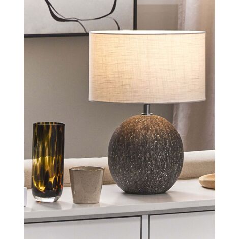 BAKAJI Lampada Da Tavolo Moderna In Ceramica Grigia Con Paralume In Tessuto Beige – Luce Da Comodino Con Attacco E14 (18x27 Cm)