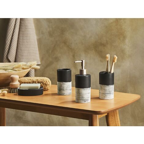 Set di 4 Accessori Bagno in Ceramica nera e beige dispenser sapone