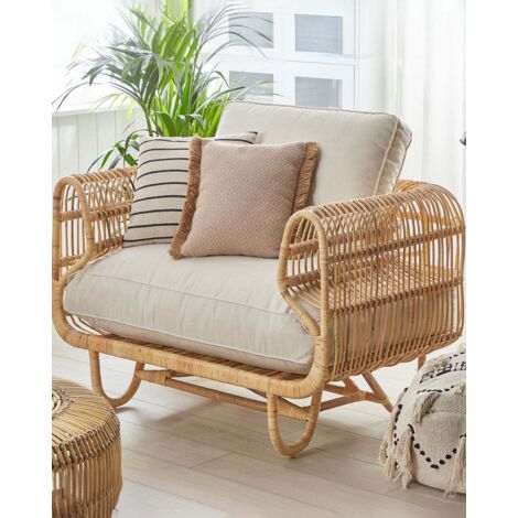 Poltrona in Rattan Naturale con Cuscini Beige Boho Dolcedo