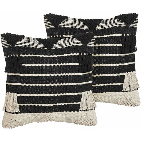 Set di 2 cuscini in cotone motivo geometrico nappe 50 x 50 cm beige e nero  Chittoor