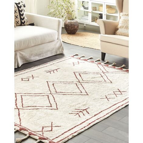 Tappeto cotone bianco sporco e rosso scuro 160 x 230 cm motivo geometrico  Kenitra