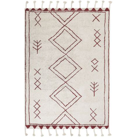 Tappeto cotone bianco sporco e rosso scuro 140 x 200 cm motivo geometrico Kenitra (1/5)
