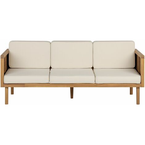 Divano da giardino 3 posti legno di acacia con cuscini beige chiaro terrazza balcone Baratti