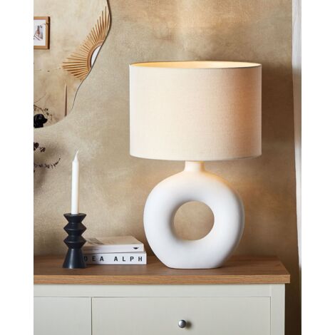 Lampada Da Tavolo In Ceramica Bianca Con Paralume, Serie Provenza, Stile Classico E Risparmio Energetico
