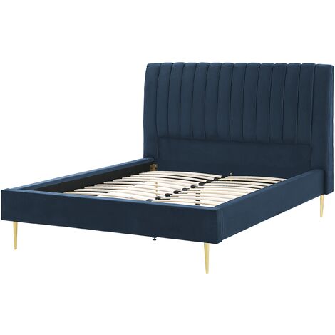 Letto imbottito velluto blu scuro e oro rete a doghe testiera alta 140 x  200 cm