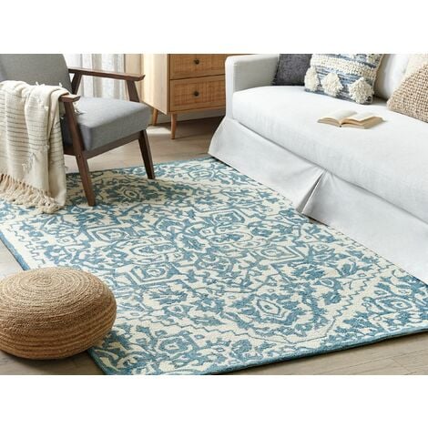 Tappeto lana motivo orientale 200x200 cm salotto bianco blu Ahmetli