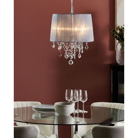 Lampadario classico con cristalli color ambra e 6 luci con paralume in  tessuto molto elegante