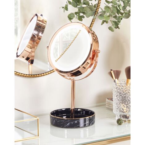 Specchio trucco con luci LED e telaio in ferro Ø 26 cm oro rosa e nero