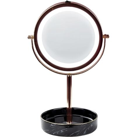 Specchio trucco con luci LED e telaio in ferro Ø 26 cm oro rosa e nero