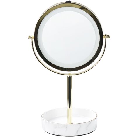 Specchio trucco con luci LED e telaio in ferro Ø 26 cm oro e bianco Savoie