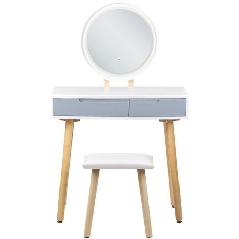 Set di tavolini da toilette con sgabello e specchio LED 2 cassetti Bianco e  grigio Dieppe