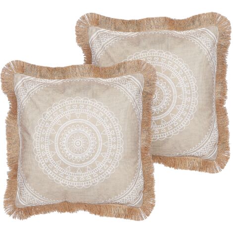 Set di 2 cuscini in poliestere beige e bianco con nappe 45 x 45 cm Agrimony