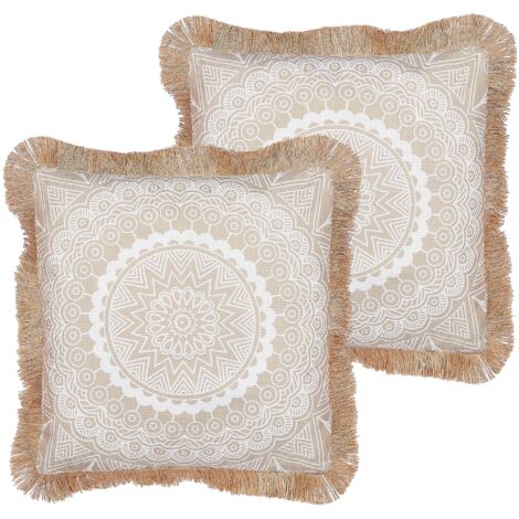 Set di 2 cuscini in tessuto di poliestere beige e bianco 45 x 45 cm fodera