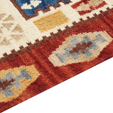 Tappeto kilim in lana multicolore fatto a mano motivo orientale 80 x 300 cm  nappe Voskehat