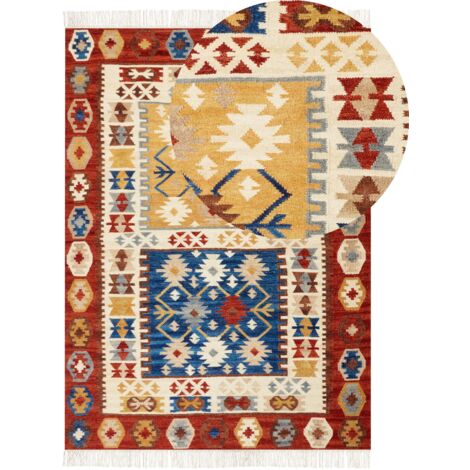 Tappeto kilim in lana multicolore fatto a mano motivo orientale 200 x 300  cm nappe Voskehat