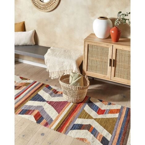 Tappeto di lana multicolore 80 x 300 cm kilim fatto a mano con strisce e  nappe