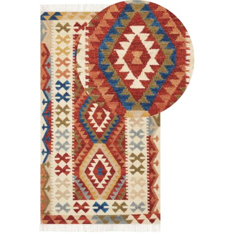 Tappeto di lana multicolore 80 x 150 cm kilim fatto a mano con nappe Oshakan