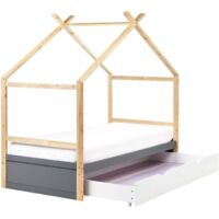 Letto a casetta per bambini in legno di pino UE misura singola 90 x 200 cm con rete a doghe e cassetto portaoggetti Grigio Orgeval