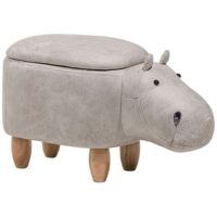Sgabello Bambini Forma Ippopotamo Ecopelle Grigia Imbottita Gambe Legno Hippo