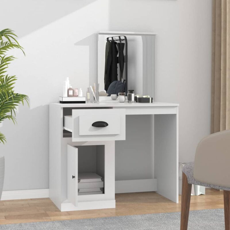 HOMCOM Coiffeuse miroir LED table de maquillage avec tabouret 2 tiroirs  inclus design contemporain MDF 80 x 40 x 136 cm blanc doré