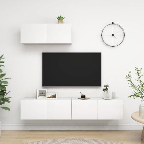 Meuble TV contemporain chêne et blanc laqué avec LED - VERONICA XL