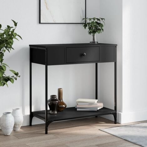 Table console pliante noire plateau bois double rangement - EDI