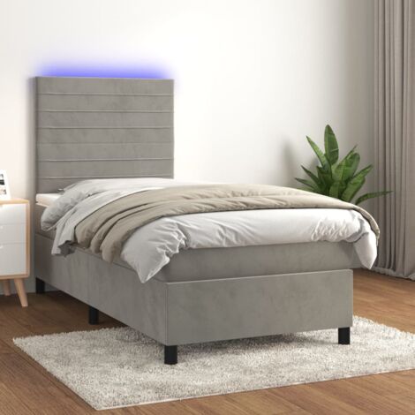 Lit simple pour adulte moderne - lit à sommier tapissier et matelas gris  clair 90x190 cm velours - Conforama