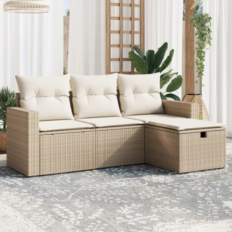 Salon De Jardin En Résine Tressée - 4 Places, Coussins Gris, Beige - 10