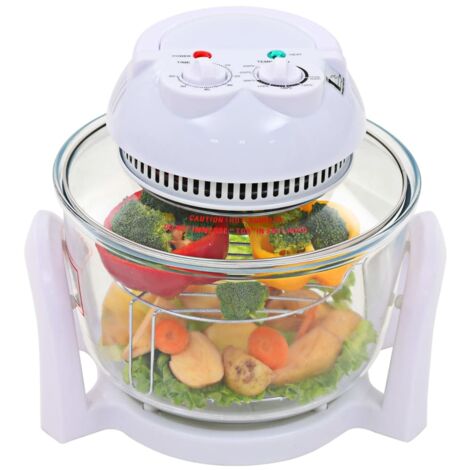Four Halogène Convection 800 W 10 L Avec Bague Extension – Cuisson Saine Et Rapide, Bol Verre Transparent, Minuterie, 65-250°C, Blanc