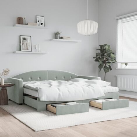 Lit de jour avec gigogne et tiroirs gris clair 90x200cm velours - SALALIS - DP1698