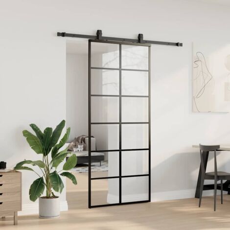 Porte coulissante 90x205 cm en verre ESG avec kit quincaillerie aluminium noir, design moderne et minimaliste | Leroy Merlin