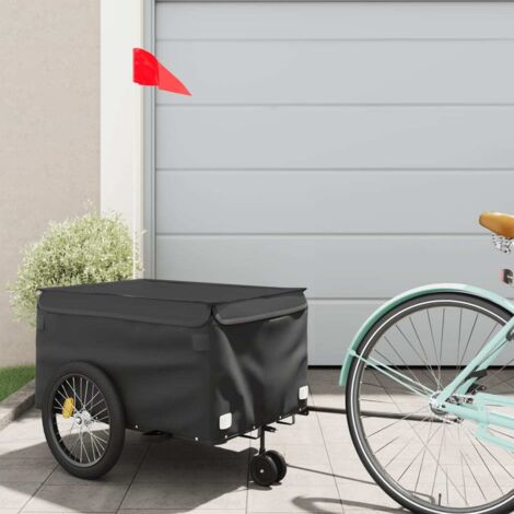 Remorque Vélo Noir Fer 122x53x31 Cm - Capacité 30 Kg, Roues 31 Cm, Drapeau Sécurité Inclus