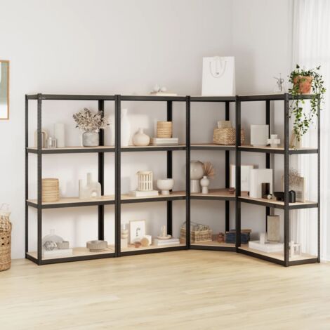Étagère D’angle 4 Niveaux – Industrielle – Anthracite Et Bois – Neuf