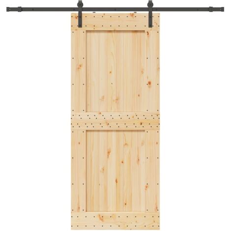 Porte Coulissante En Pin Massif 95x210 Cm – Kit Quincaillerie Inclus, Brun, Pour Intérieur