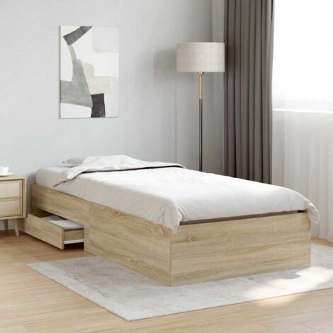 Cadre De Lit Bois Ingénierie Chêne Marron 90x190 Cm – Sommier Adulte Enfant Ado – Lit Simple Robuste Pieds Métal