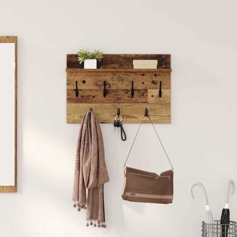 Whimsii - Porte-manteau Mural Avec étagère Et 5 Crochets Rabattables - 40.6 Cm, Bois Rustique Et Fer - Pour Entrée, Salle De Bain...