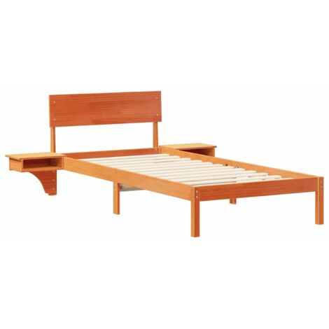 Cadre De Lit Plateau 140x200 Cm Avec Tables De Chevet Intégrées - Pin Massif, Naturel
