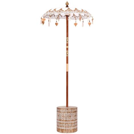 Parasol Balinais Rond Coton Et Bois - 185x260 Cm - Pliable Manuel - Crème - Pour Terrasse Jardin