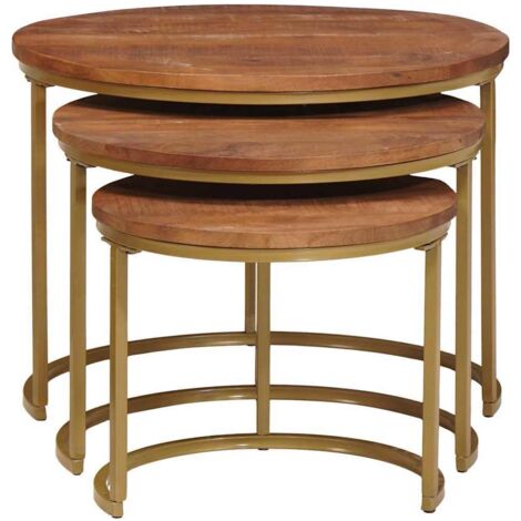 VidaXL Lot 3 Tables Basses Gigognes Bois Massif Manguier Et Fer – Tables D'Appoint Empilables Style Naturel