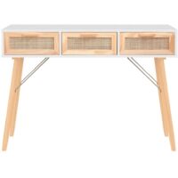 Table Console Design Scandinave En Bois Et Rotin - 80x30x75 Cm - Blanche Avec 2 Tiroirs - Idéale Pour L'entrée Ou Le Salon