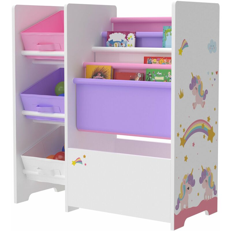 Bibliothèque Enfant Avec 5 Bacs Et 1 Porte-livres Tissu - Meuble Rangement Jouets Licorne - 79 Cm Hauteur
