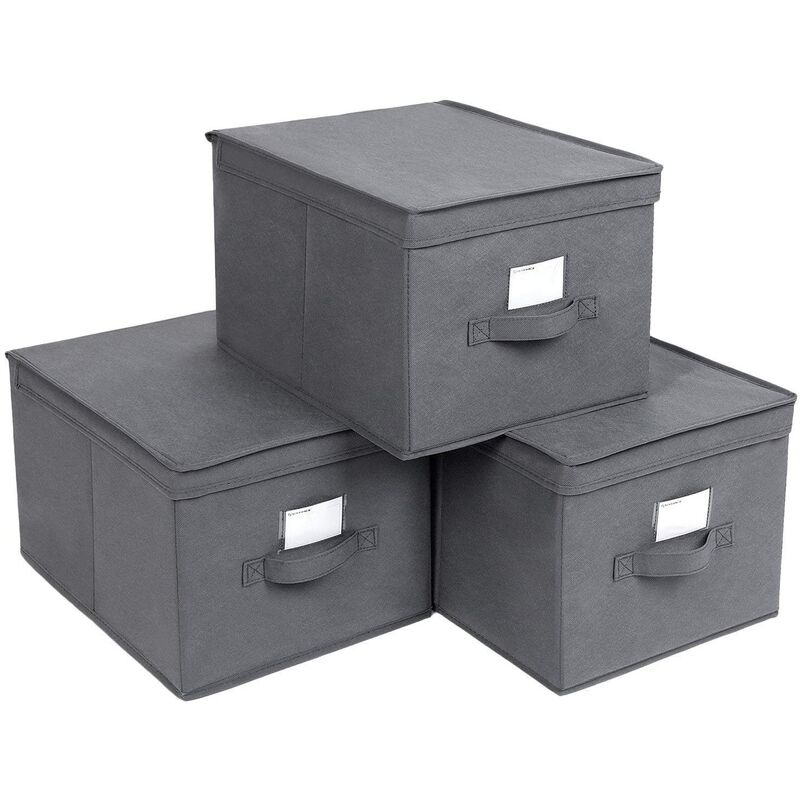 BOÎTES DE RANGEMENT PLIABLES LOT DE 3 COFFRE DE RANGEMENT TISSU NON-TISSÉ  AVEC COUVERCLE ET POIGNÉE DIMENSIONS 40 X 30 X 25 CM NOIR 12_0000085